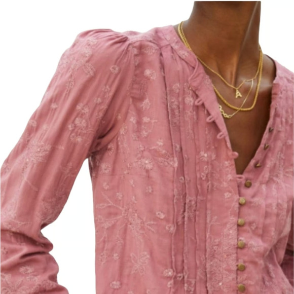 Anthropologie Pilcro Jolie Pintuck Blouse In Mauve Pink Embroidery Boho XL - Picture 14 of 14
